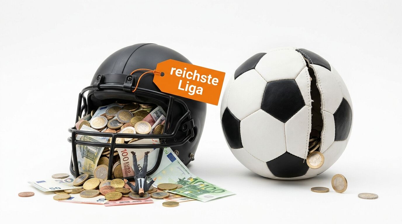American-Football-Helm voller Geld und Fußball mit Riss und wenigen Münzen auf Weiß