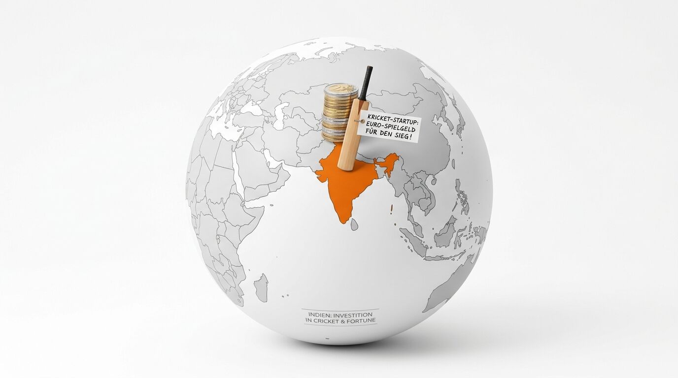 Globus mit orange markiertem Indien, Münzstapel, Kricket-Schläger und Text