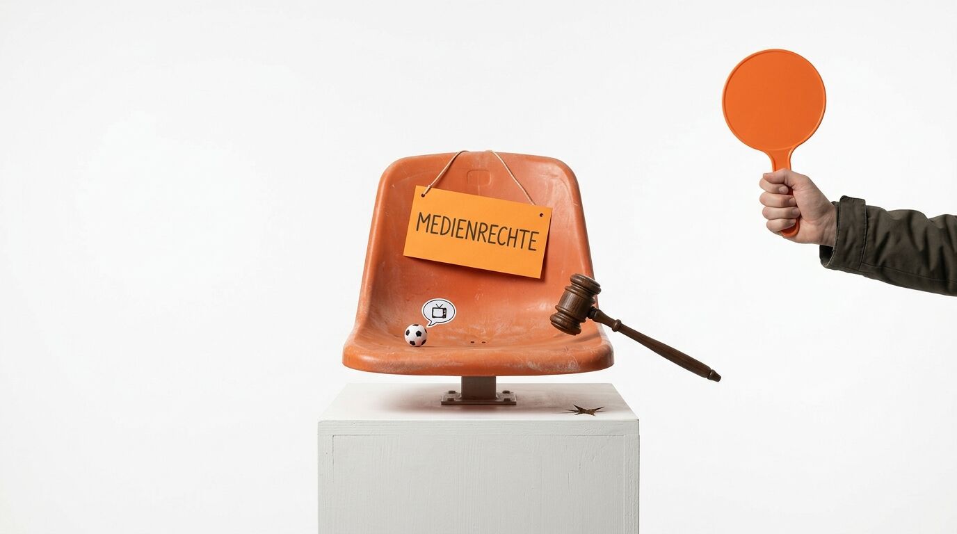 Stadionsitz mit Schild, Hammer, Hand mit Kelle symbolisieren TV-Rechte-Vergabe