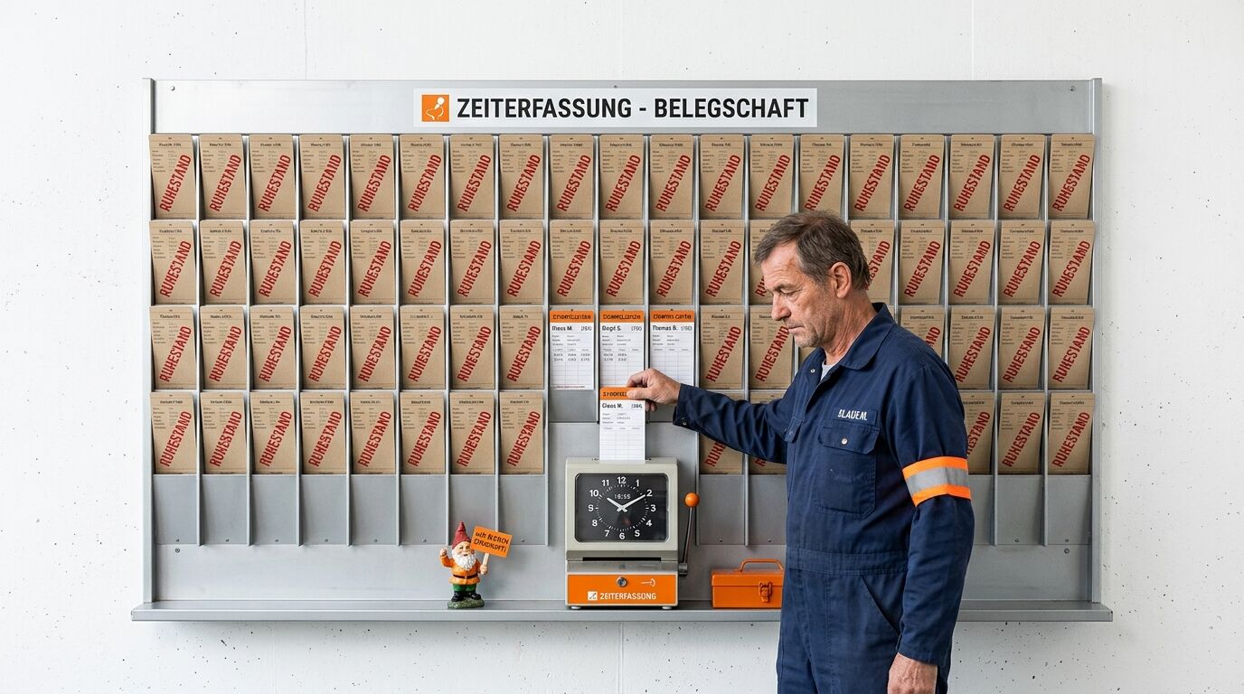 Ein Arbeiter stempelt seine Karte an einer Wandzeiterfassung mit vielen