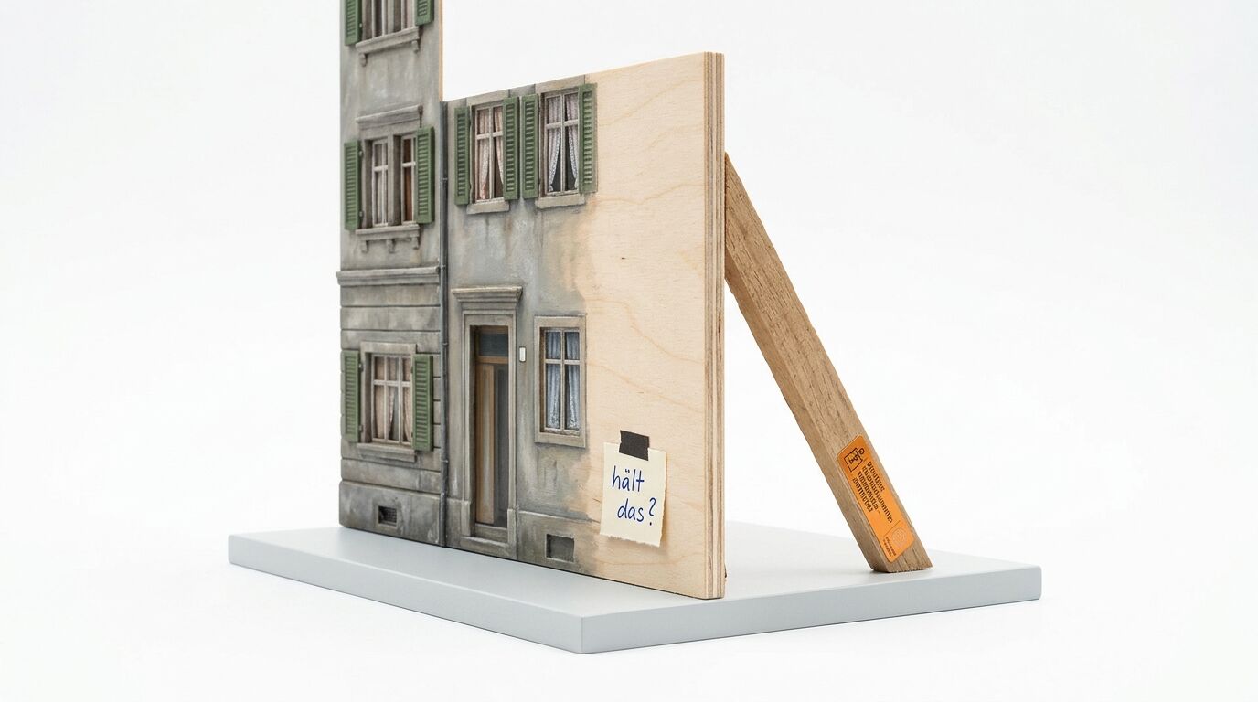 Ein Modell einer Häuserfassade, getragen von einem Holzbalken, mit dem Text „Hält das?“