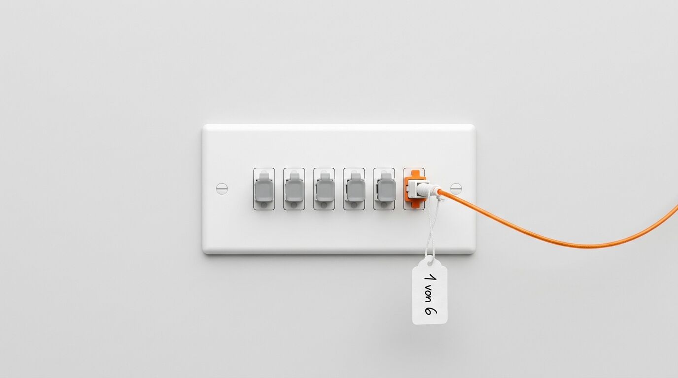 Steckdose mit sechs Anschlüssen. Ein oranges Kabel mit Etikett „1 von 6“ ist eingesteckt