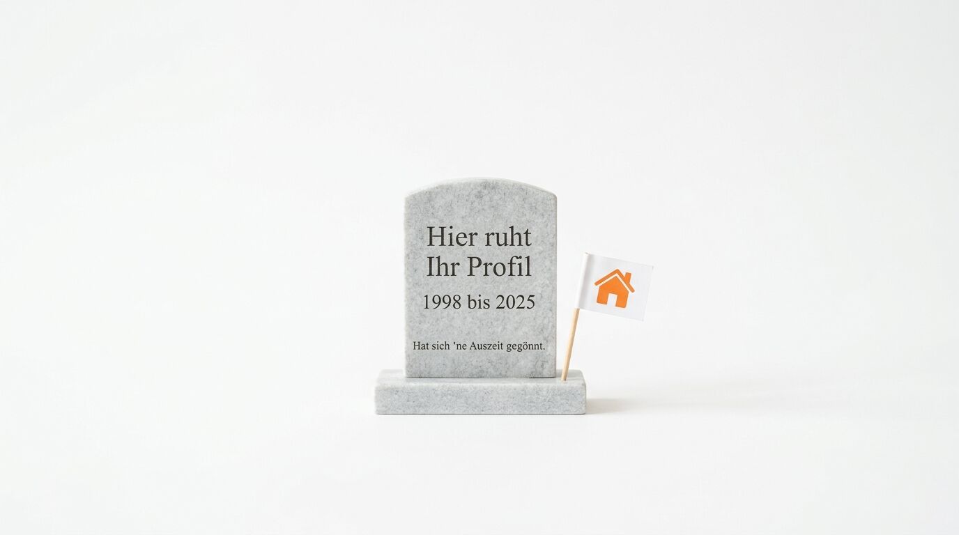 Ein Grabstein mit der Inschrift „Hier ruht Ihr Profil“ auf weißem Grund