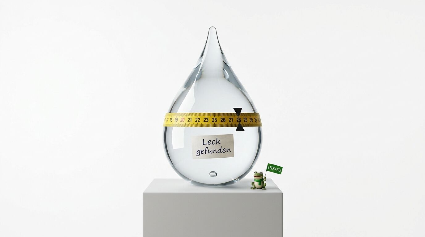 Wassertropfen mit Maßband und Schild „Leck gefunden“ auf Sockel, daneben Froschfigur