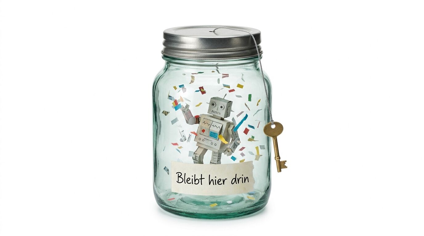 Ein Einmachglas mit einem Papierroboter, Konfetti, dem Text „Bleibt hier drin“ und einem Schlüssel