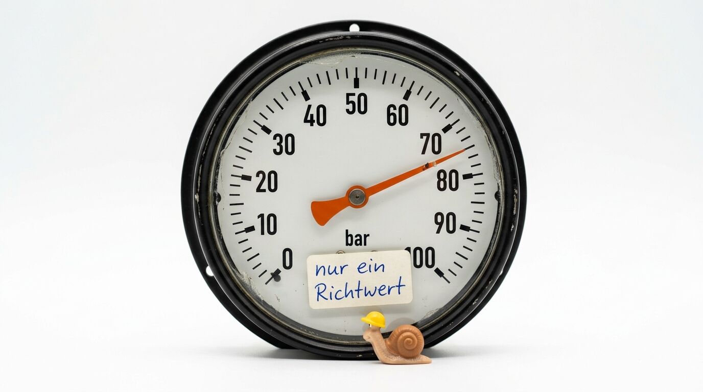 Druckmesser zeigt 75 bar; Hinweisschild „nur ein Richtwert“ und Schnecke davor