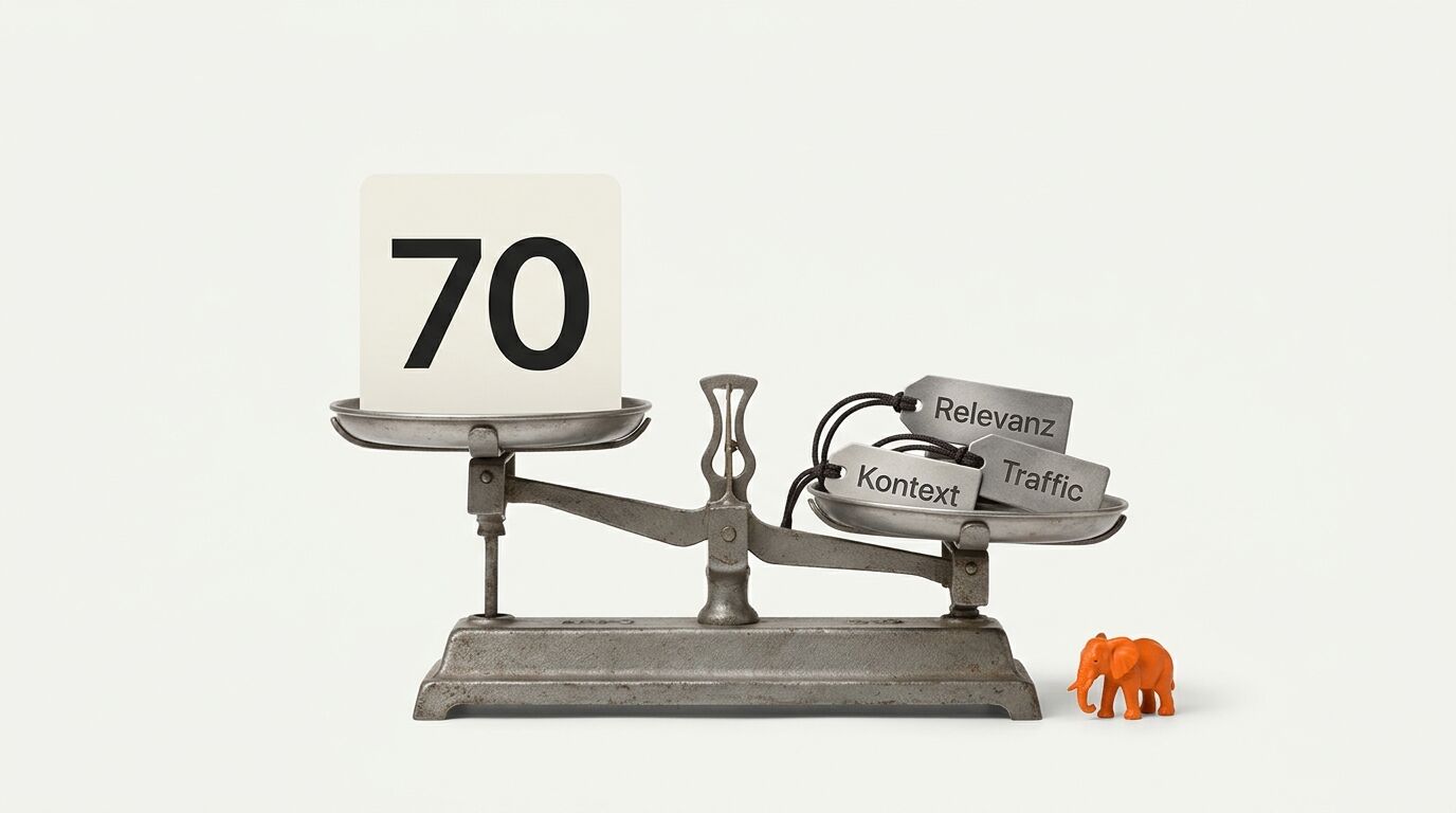 Eine Waage zeigt links die Zahl 70 und rechts die Begriffe Kontext, Relevanz und Traffic