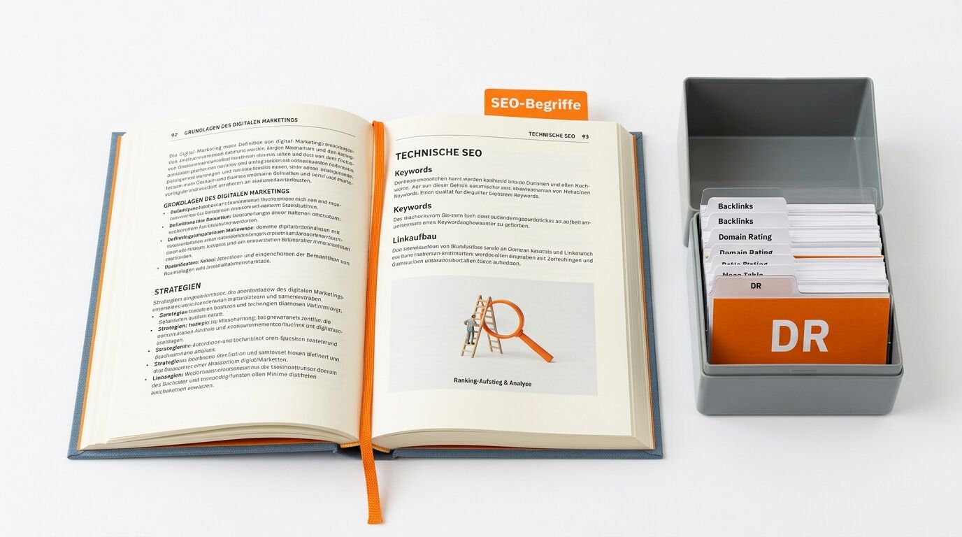Offenes Marketing-Buch neben Karteikasten mit SEO-Begriffen