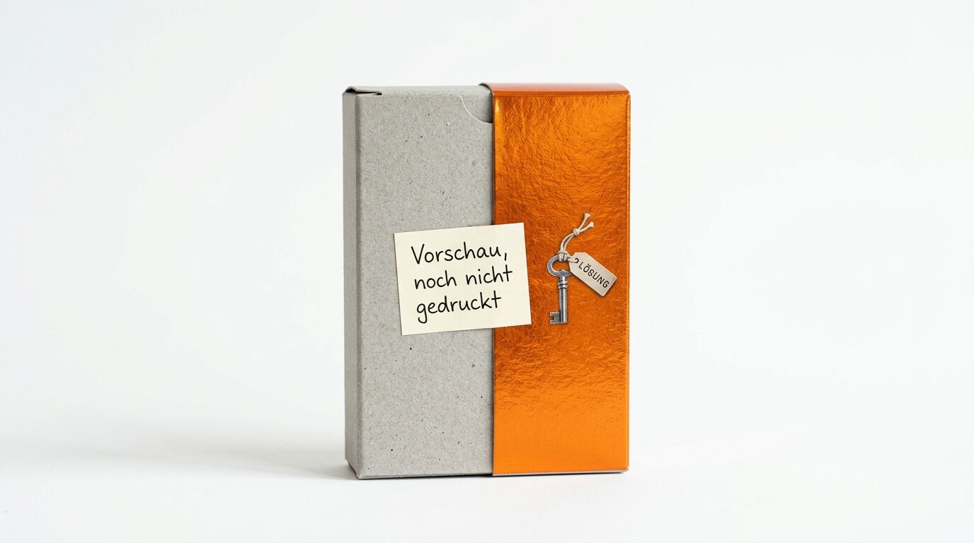 Graue Box mit orangefarbener Banderole, Schlüsselanhänger „Lösung“ und Zettel „Vorschau“