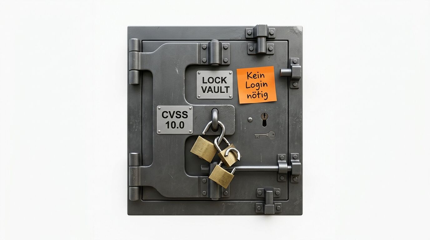 Ein Tresor mit offenen Vorhängeschlössern, Schild „CVSS 10.0“ und Notiz „Kein Login nötig“