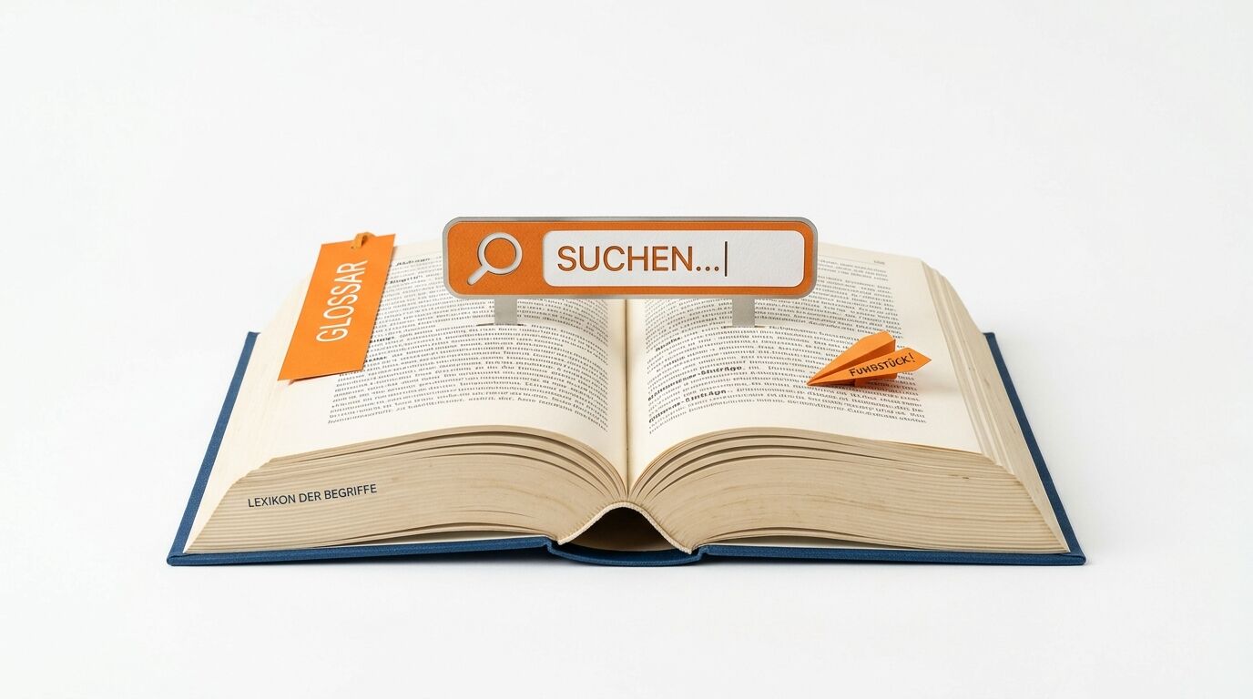 Aufgeschlagenes Buch mit Suchleiste