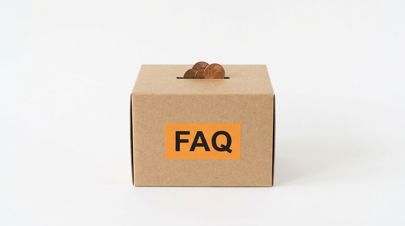 Brauner Karton mit „FAQ“-Schild und Münzen im Schlitz vor weißem Hintergrund