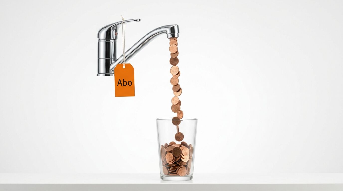 Wasserhahn lässt Euro-Cent-Münzen in ein Glas fließen; Anhänger mit Aufschrift