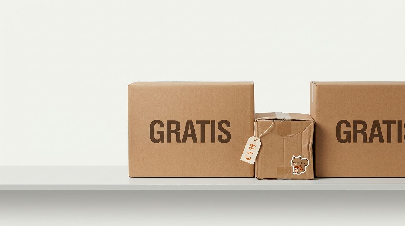 Drei Kartons auf einem Regal: zwei große mit „GRATIS“-Aufdruck, einer klein mit Preis und Sticker