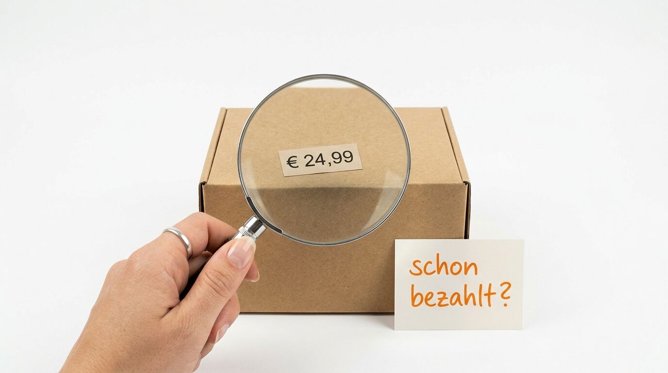 Hand mit Lupe vergrößert Preisschild (24,99 €) auf Karton, daneben Notiz „schon bezahlt?“