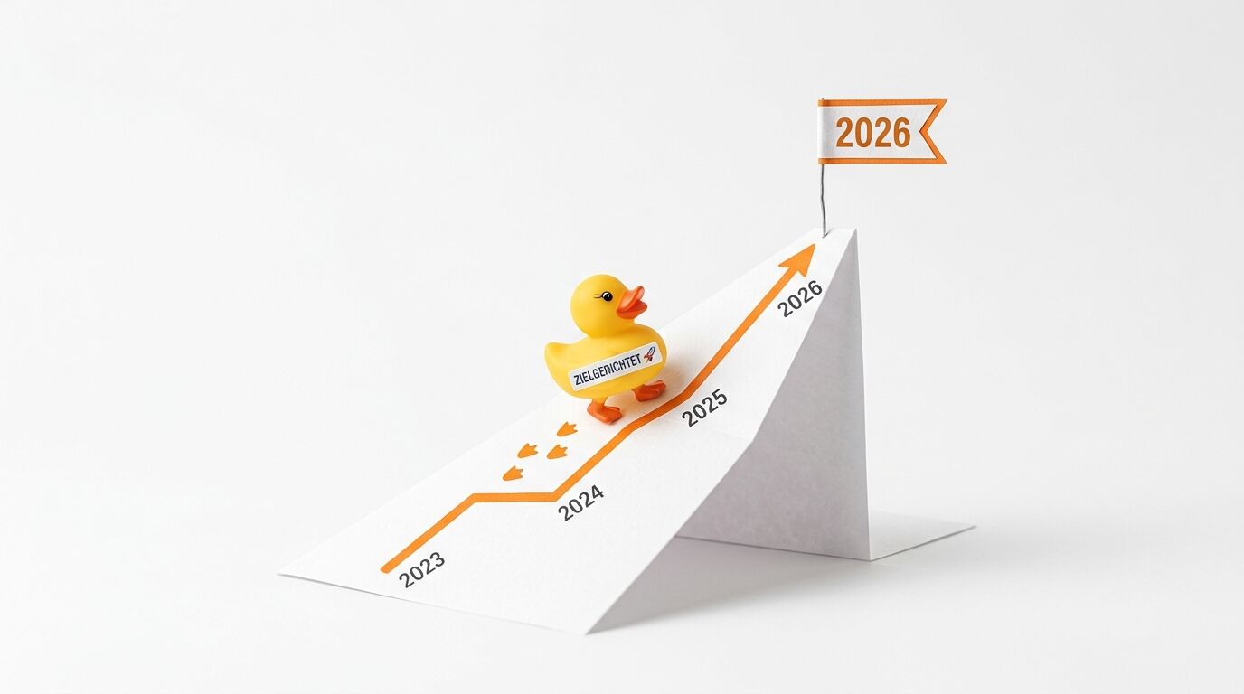 Badeente auf Papier-Diagramm mit Pfeil nach oben, Jahreszahlen und Ziel-Flagge für 2026