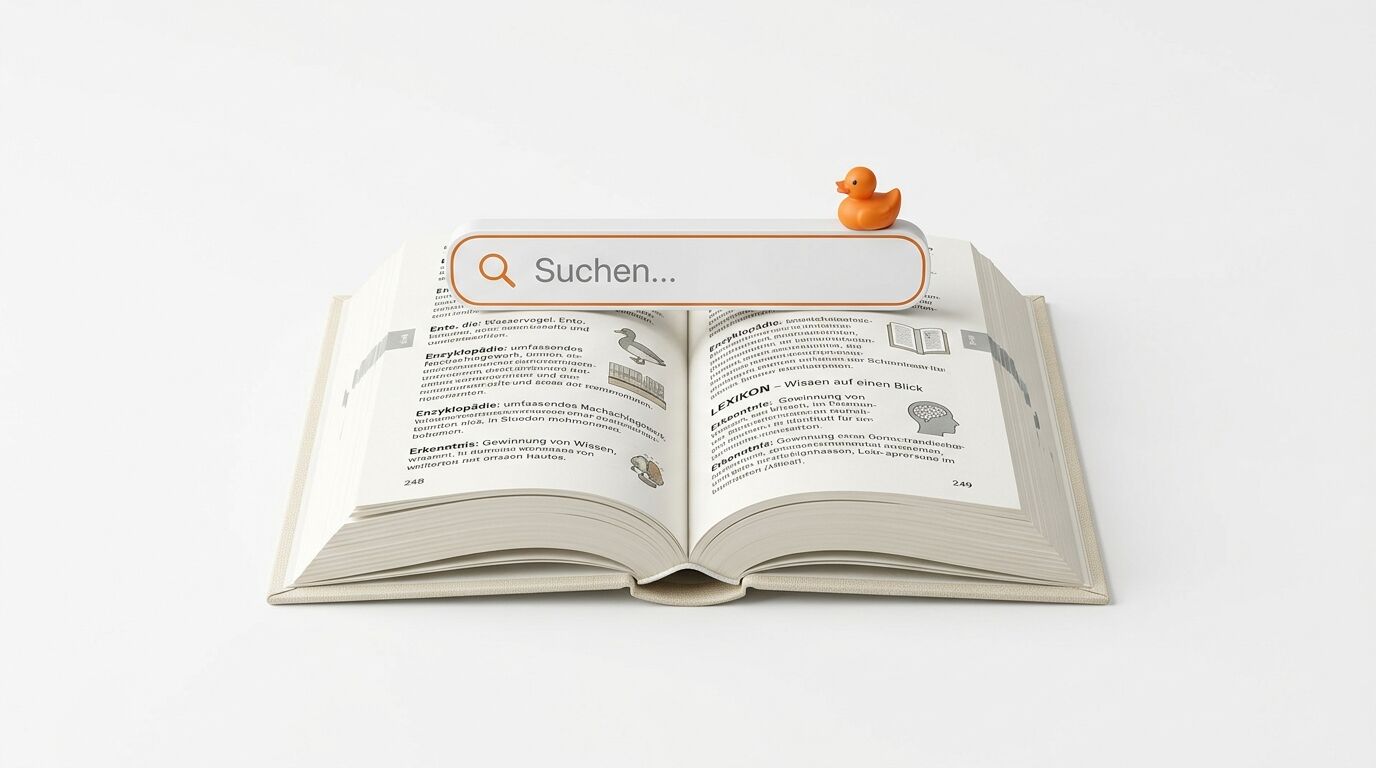 Ein offenes Buch mit einem Suchleiste-Symbol und einer Quietscheente davor auf weißem Grund