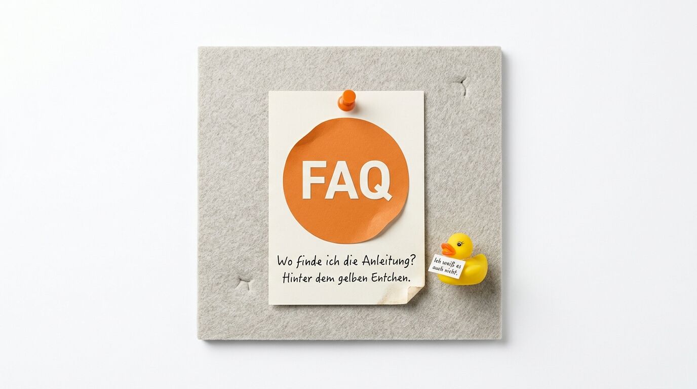 Filztafel mit Notiz und Gummiente. Die Notiz enthält FAQ-Infos und die Ente ein Schild