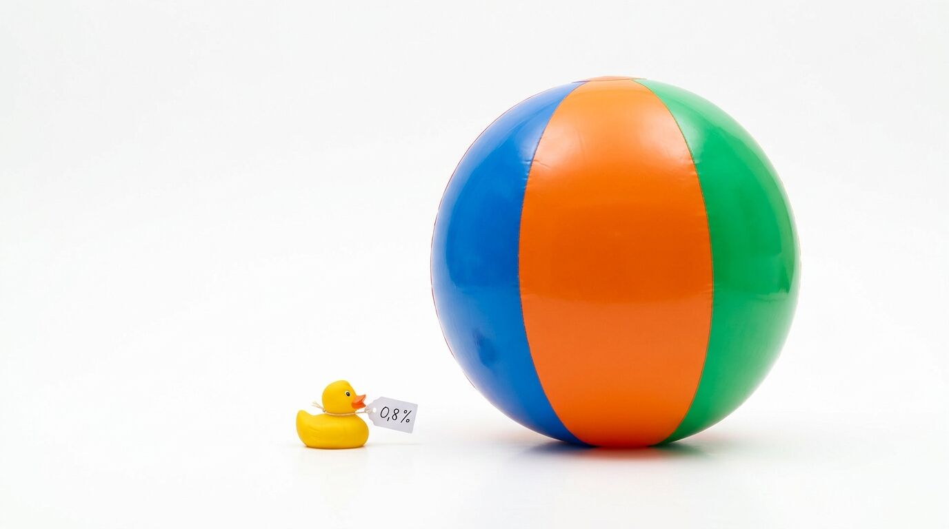 Gelbe Gummiente mit „0,8%“-Schild steht links neben einem großen bunten Wasserball