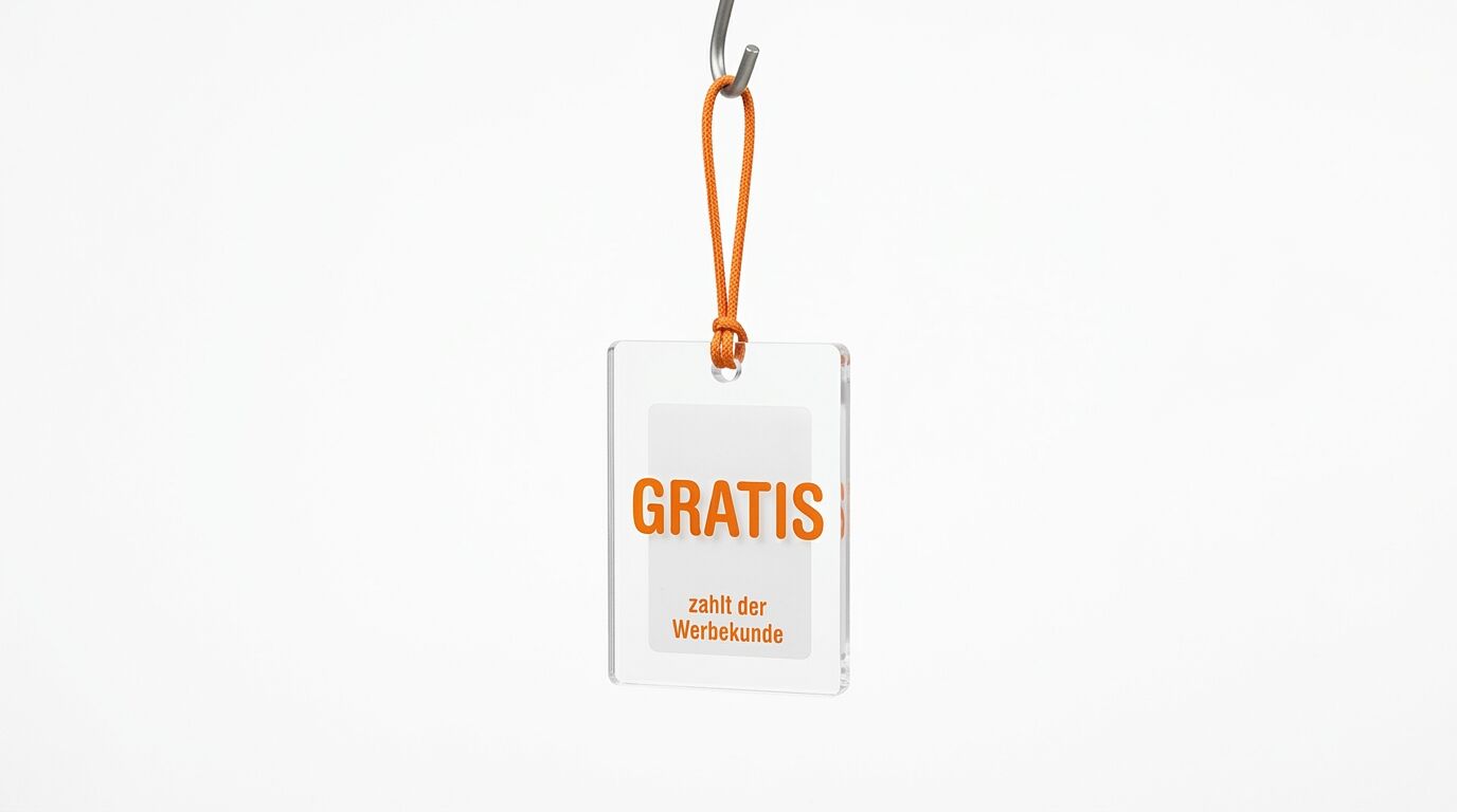 Hängender Plexiglashänger mit orangefarbenem Aufdruck GRATIS zahlt der Werbekunde