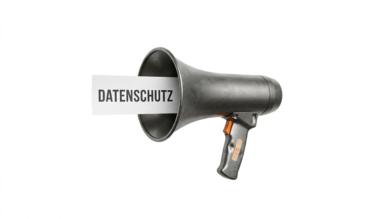 Zinkfarbenes Megafon mit Zettel im Trichter, darauf das Wort „DATENSCHUTZ“, auf weißem Grund