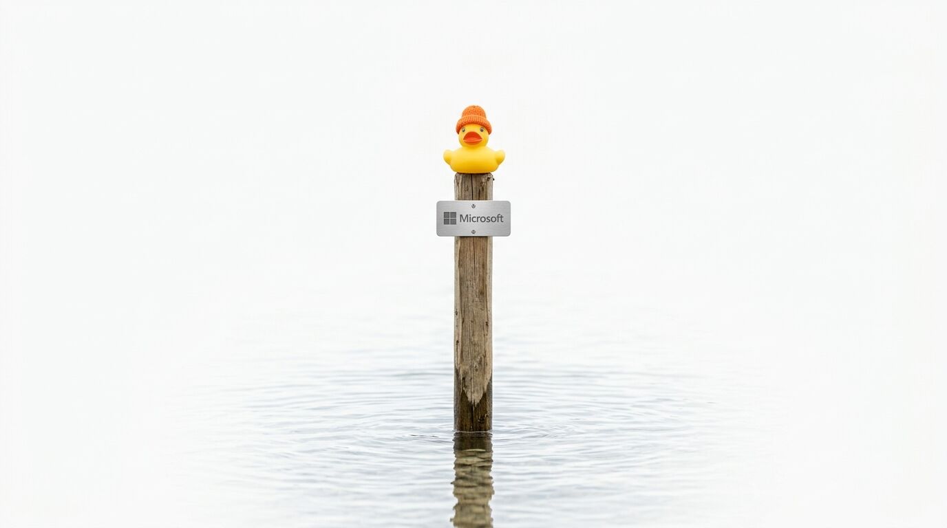 Ente mit Mütze auf Pfahl mit Microsoft-Schild im Wasser, weißer Hintergrund