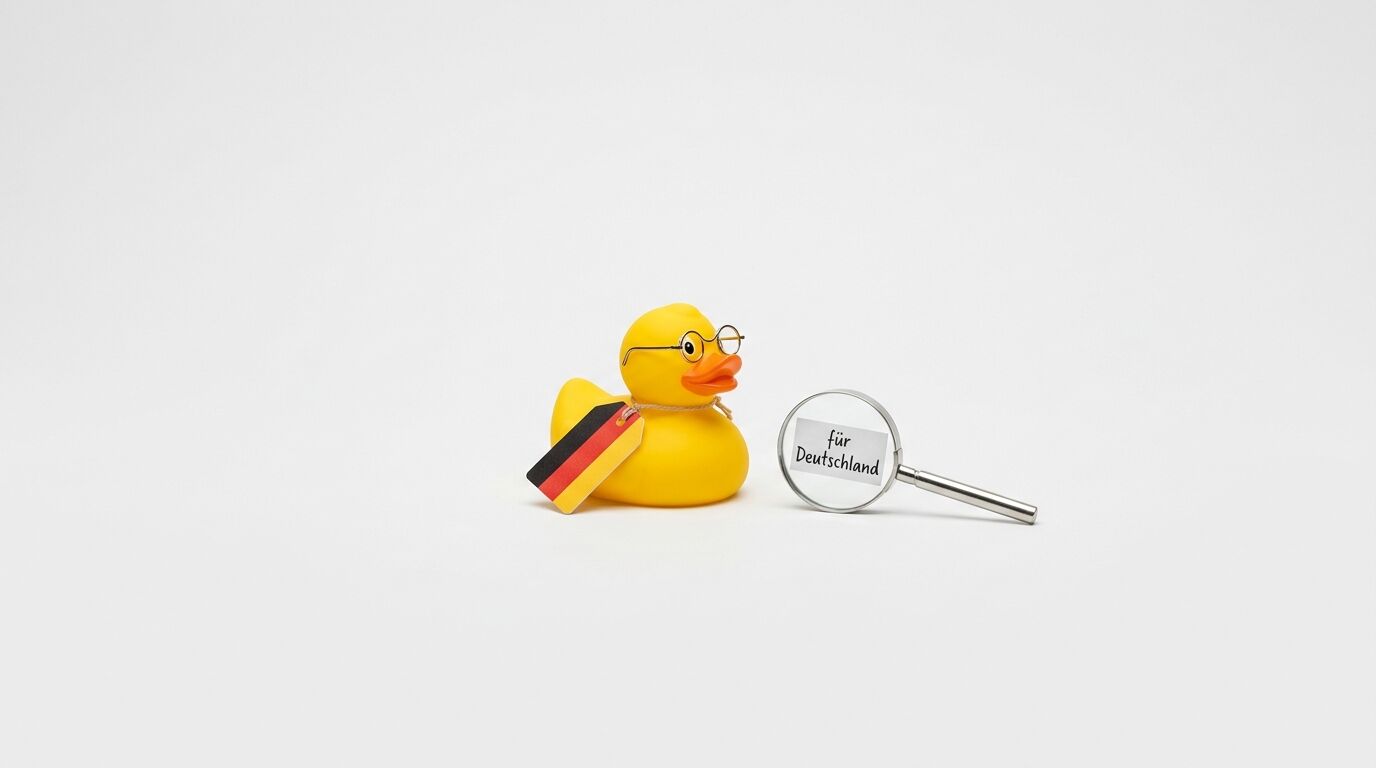 Badeente mit Brille, Deutschlandfahne und Lupe vor weißem Hintergrund