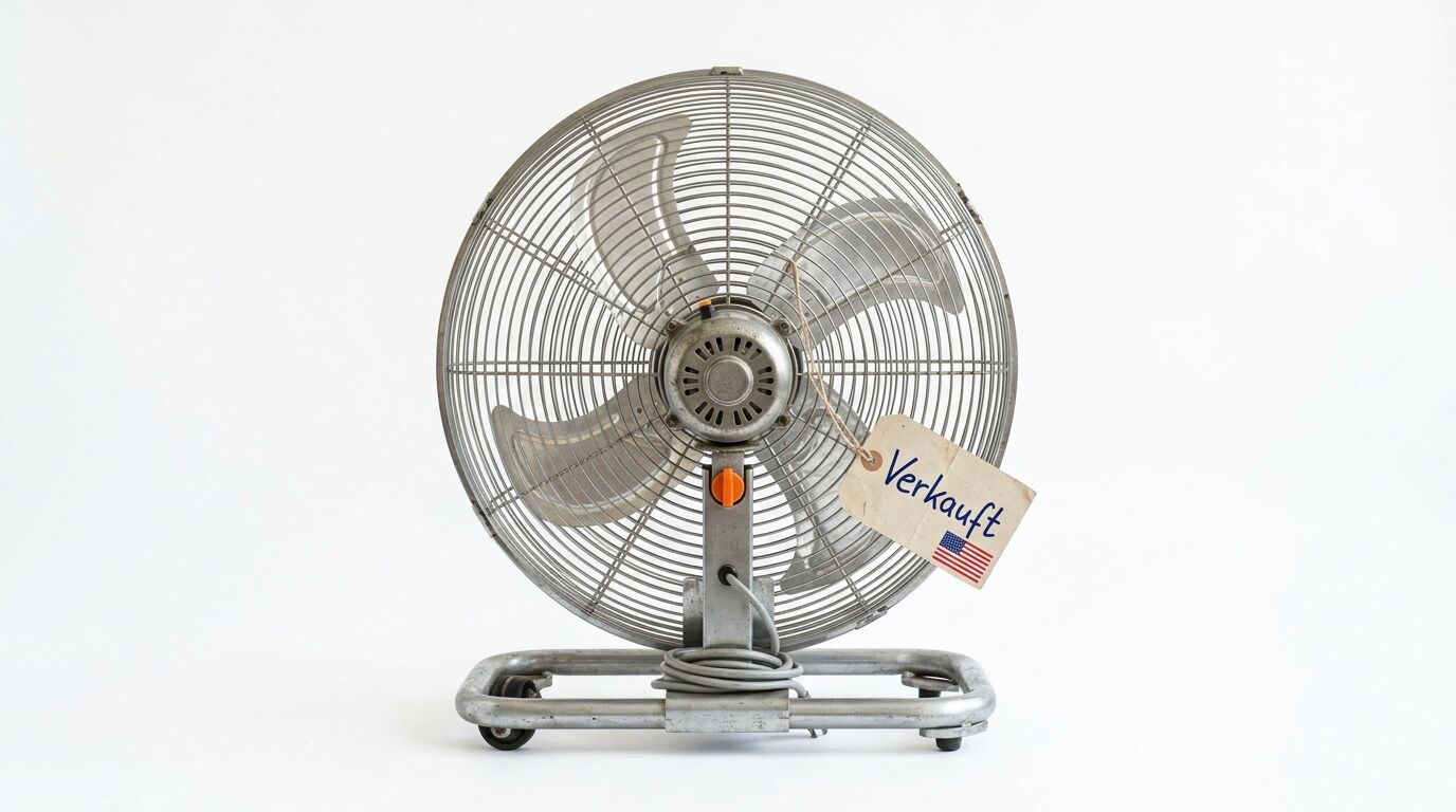 Ein metallener Standventilator mit angehängtem Verkauft-Schild vor weißem Hintergrund