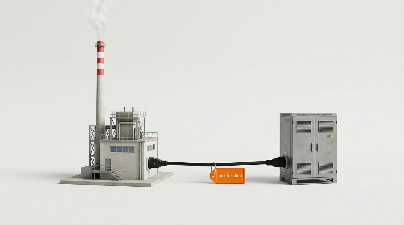 Kabel verbindet rauchendes Modellkraftwerk mit Schaltschrank; daran oranges Schild