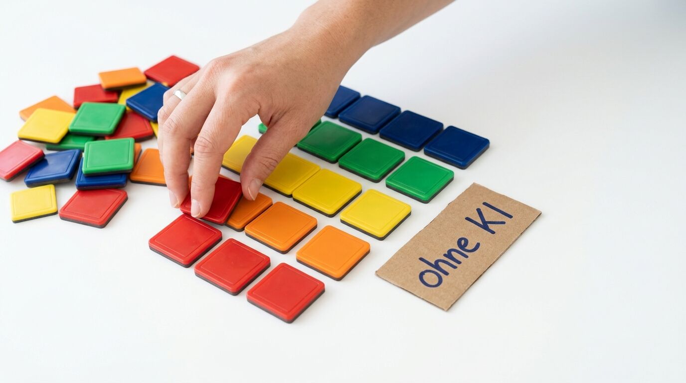 Hand sortiert bunte Kacheln auf weißem Grund neben einem Kartonschild mit Aufschrift „ohne KI“