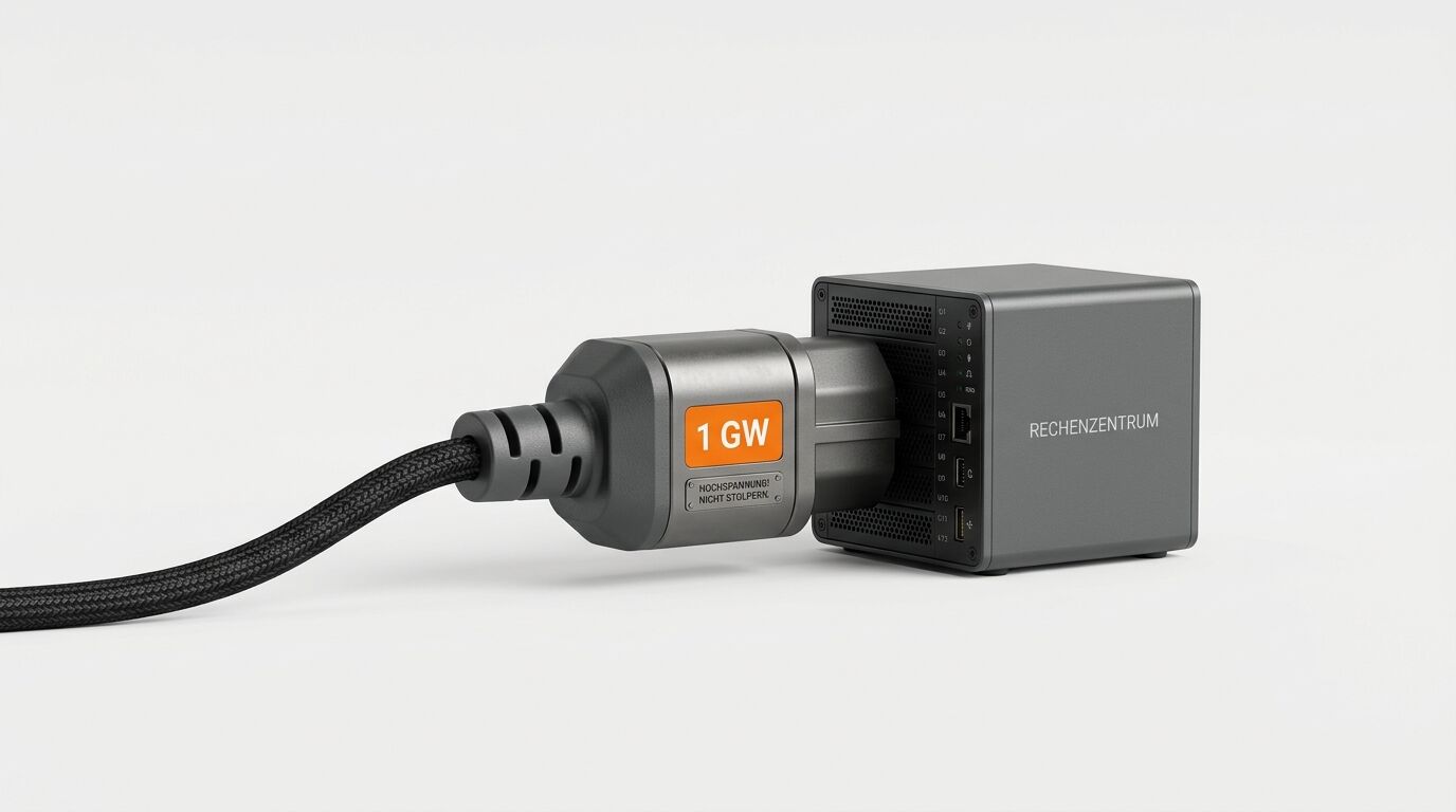 Ein 1 GW-Stecker, angeschlossen an einen Rechenzentrums-Würfel auf hellem Hintergrund