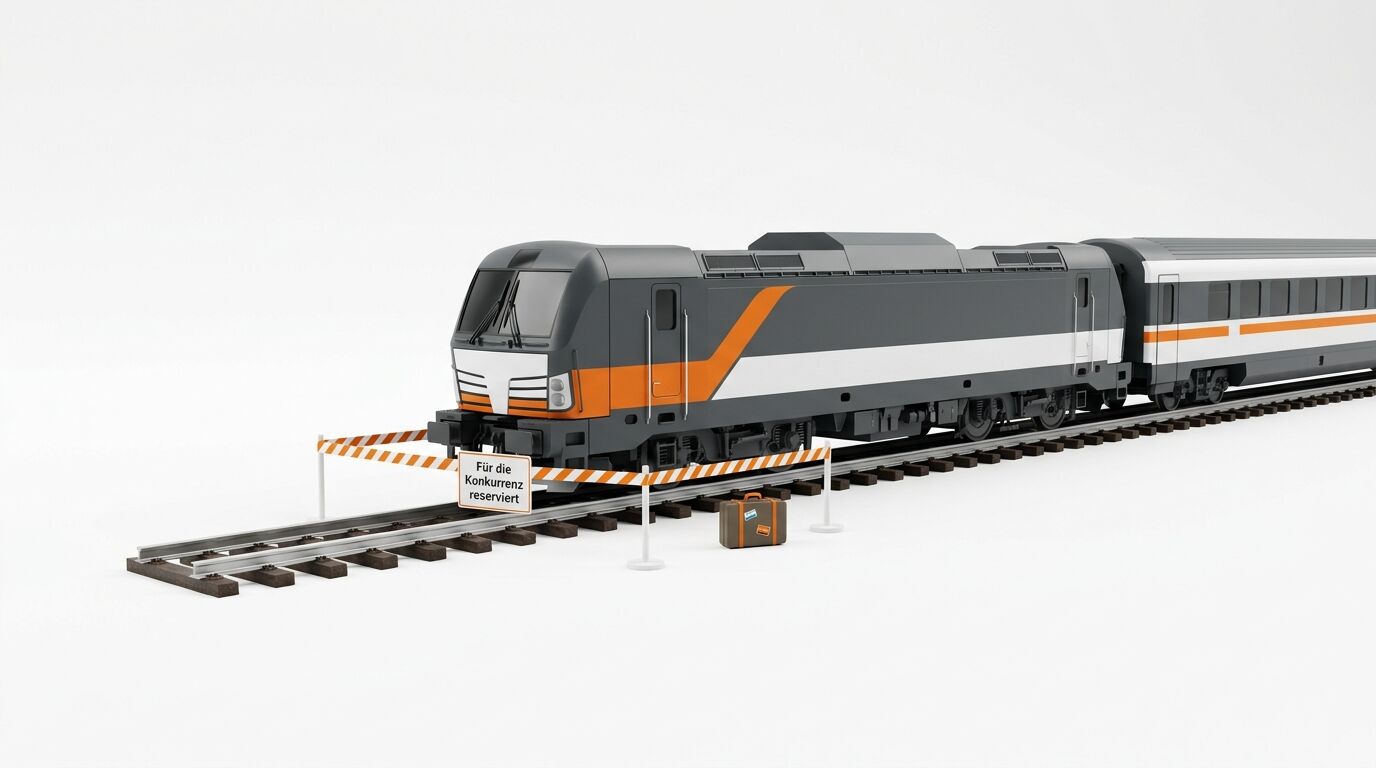 Modelleisenbahn mit Zug, Koffer und Absperrband vor weißem Hintergrund