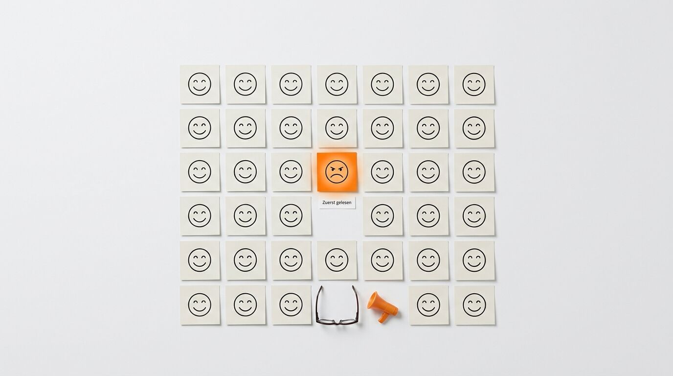 Ein wütender orangefarbener Sticker inmitten vieler weißer lachender Sticker, Brille und Megafon