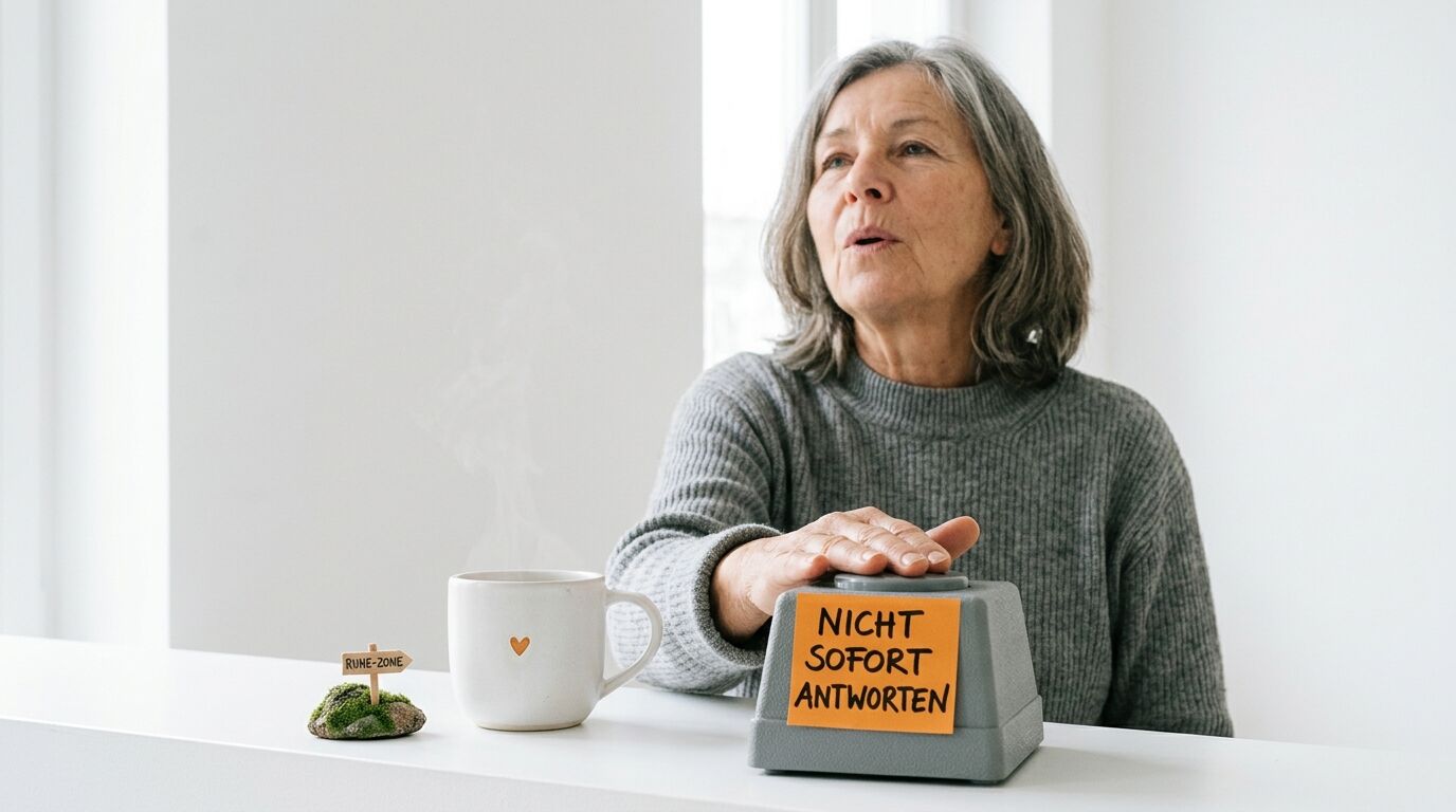 Ältere Frau drückt Buzzer mit Notiz „NICHT SOFORT ANTWORTEN“, daneben Tasse und Moosstein