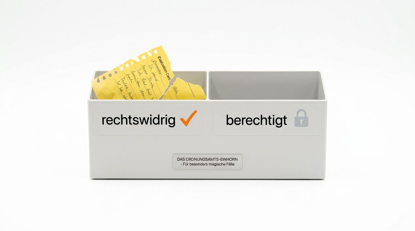 Eine Box mit der Aufschrift „rechtswidrig“ und „berechtigt“ und einem Notizzettel