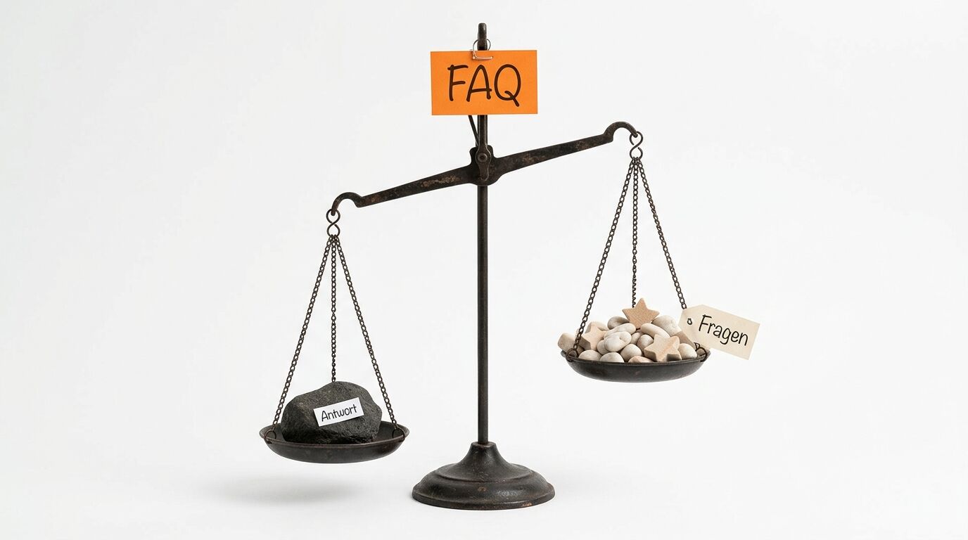 Waage mit FAQ-Schild, Stein (Antwort) und Kieselsteinen (Fragen) im Ungleichgewicht auf weißem Grund