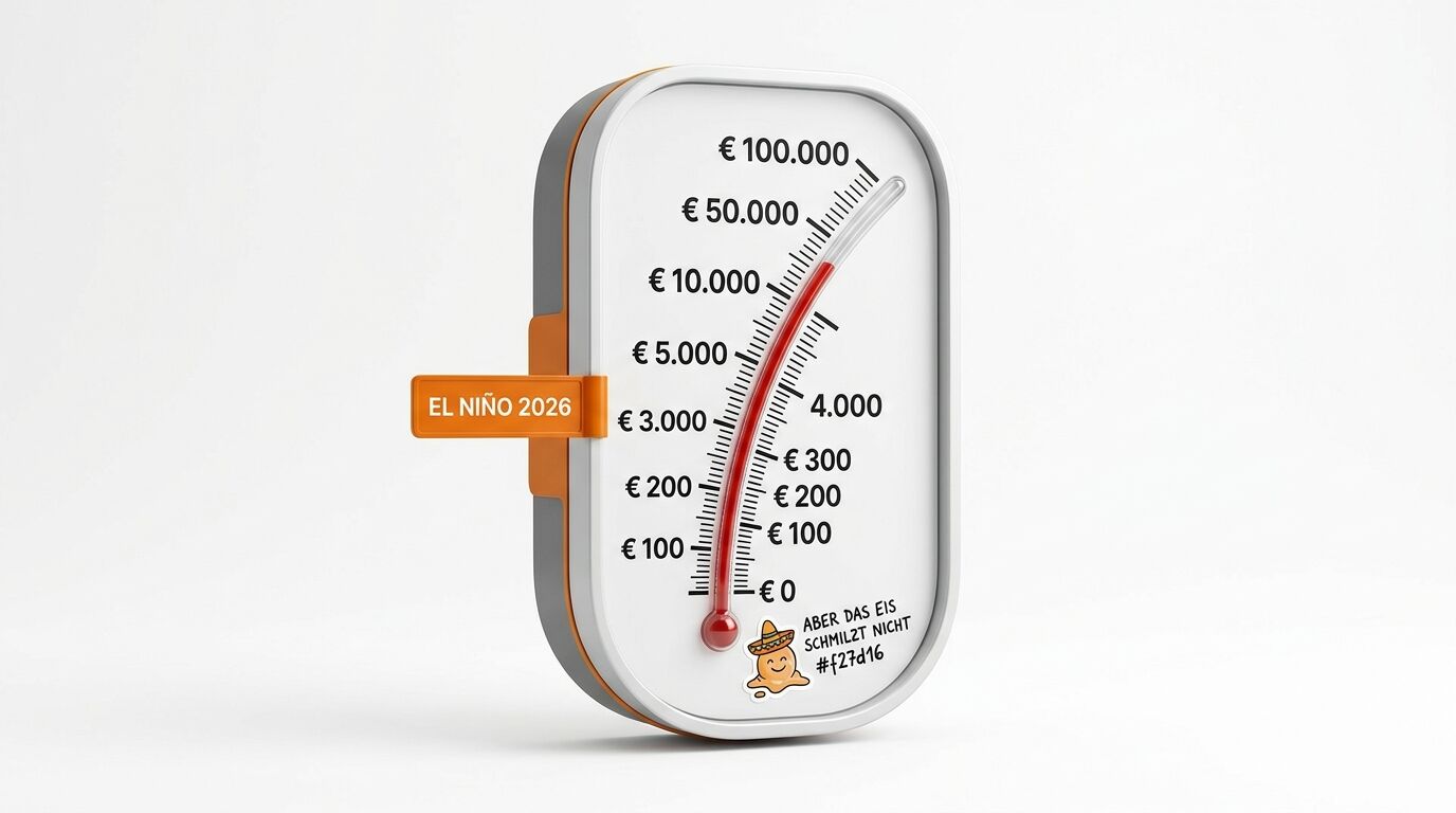 3D-Grafik eines Messgeräts in Form eines Fieberthermometers mit Euro-Beträgen und Text