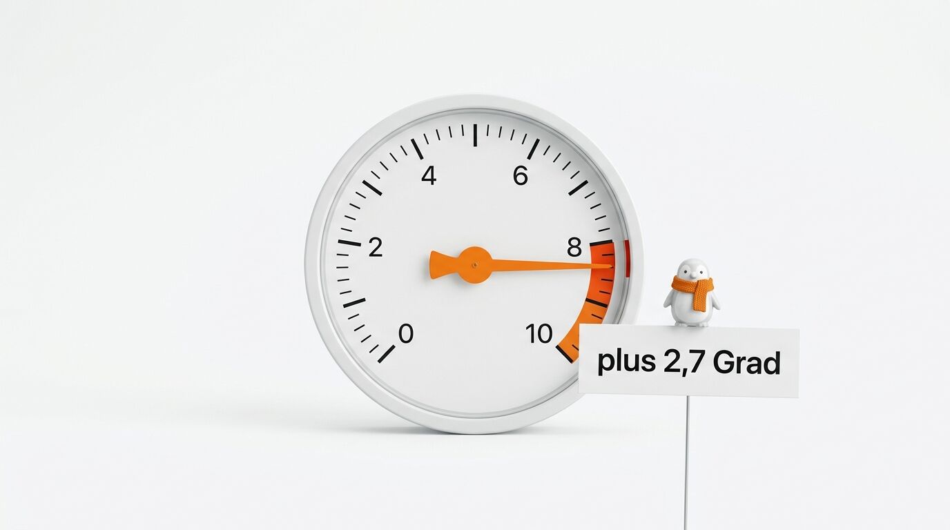 Thermometer zeigt 8 Grad, Pinguin mit Schal hält Schild 