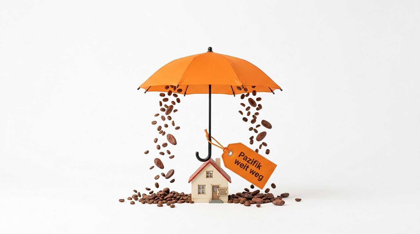 Modellhaus geschützt durch Regenschirm, umgeben von herabfallenden Kaffeebohnen, mit Etikett