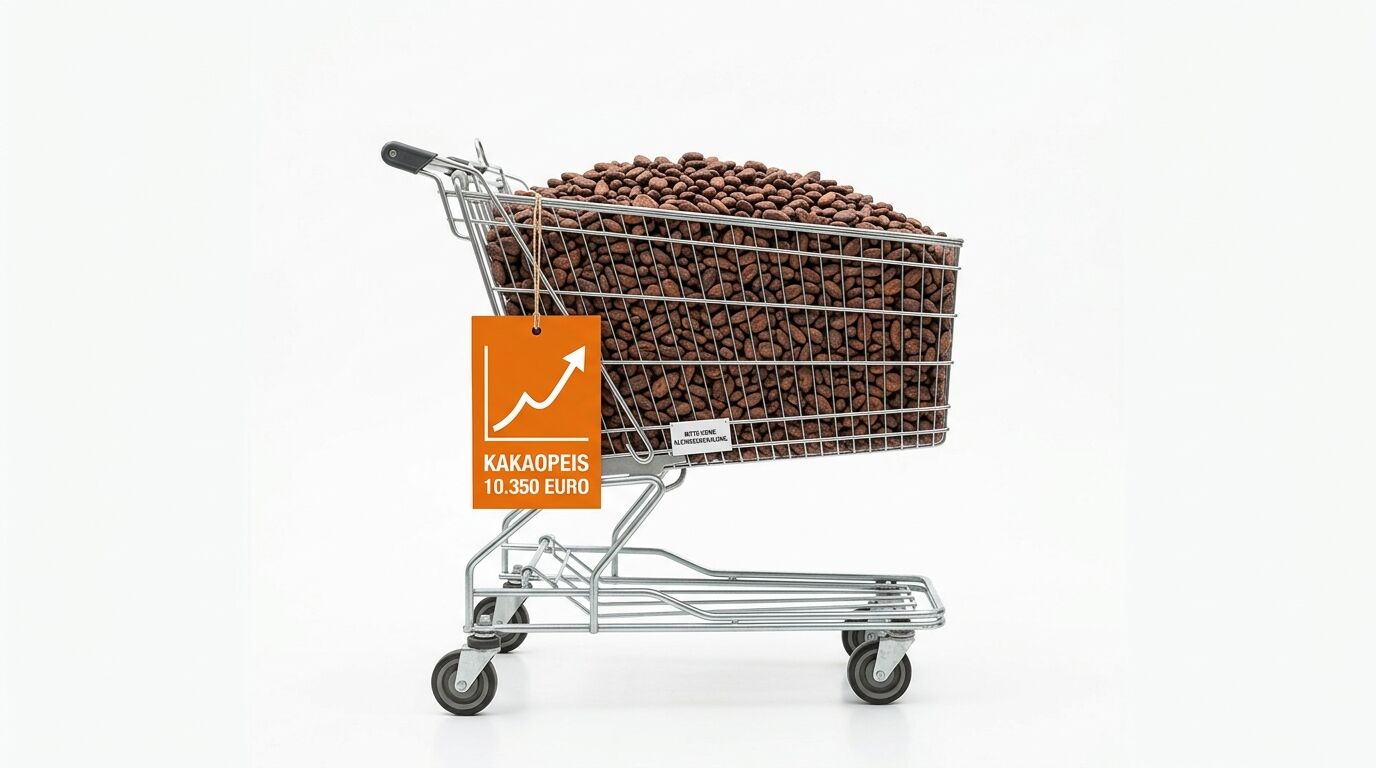 Einkaufswagen mit Kakaobohnen gefüllt, davor oranges Preisschild mit Trendgrafik auf Weiß