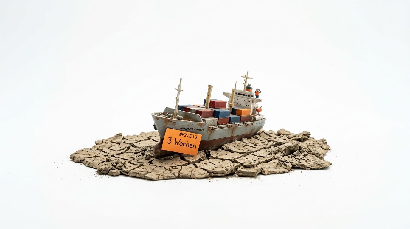 Modell-Containerschiff sitzt auf ausgetrockneter, rissiger Erde, mit einem „3 Wochen“-Schild am Bug