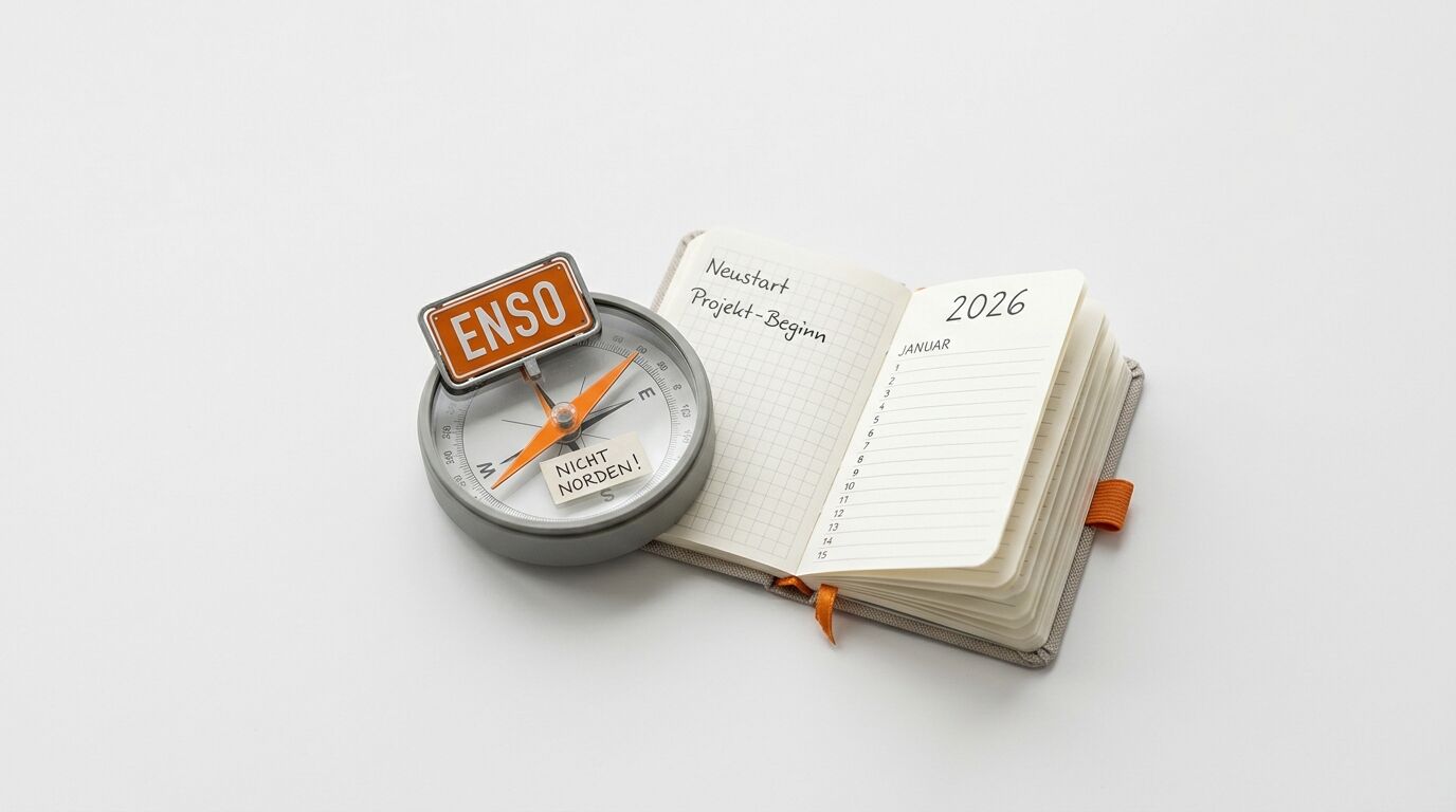 Ein Kompass mit „ENSO“-Schild und ein aufgeschlagener Terminkalender für 2026