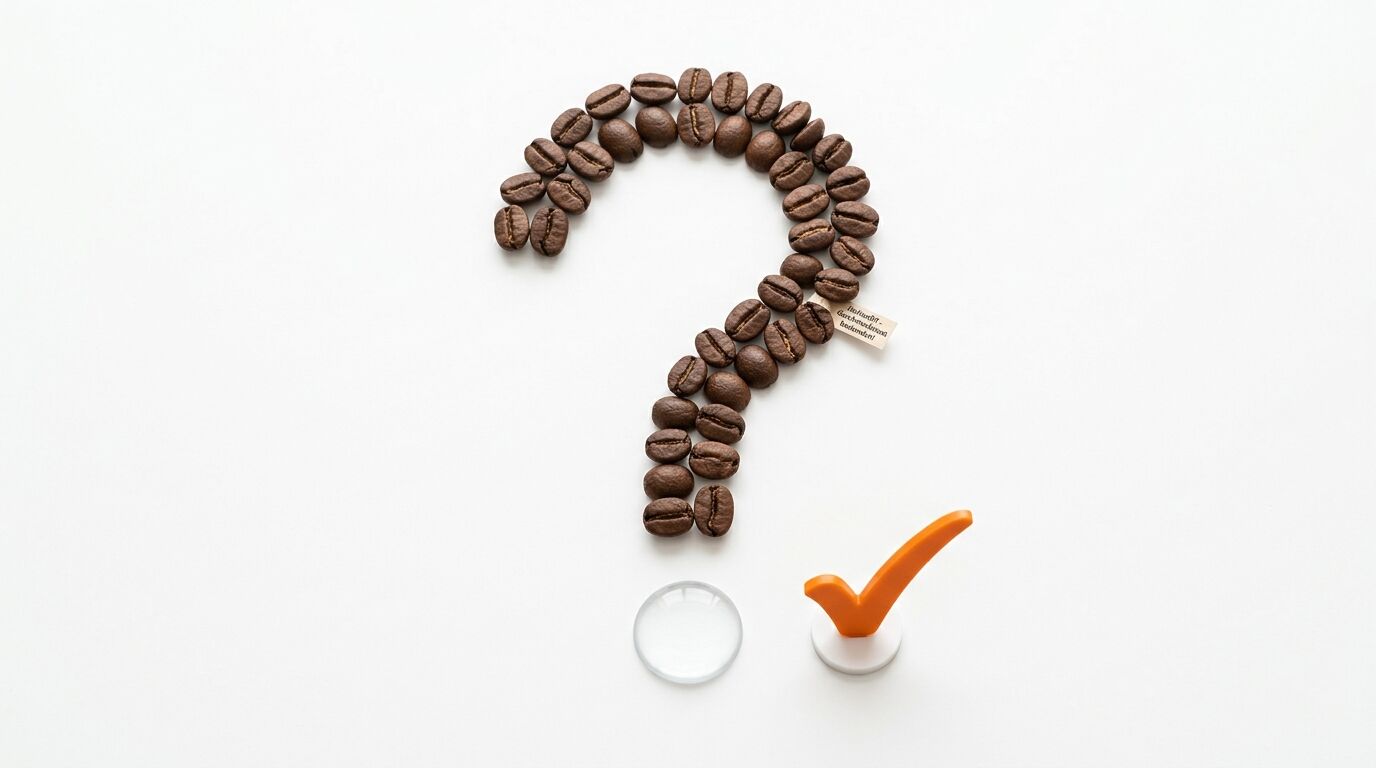 Kaffeebohnen bilden Fragezeichen, Glaskugel als Punkt, orangener Haken daneben auf weiß