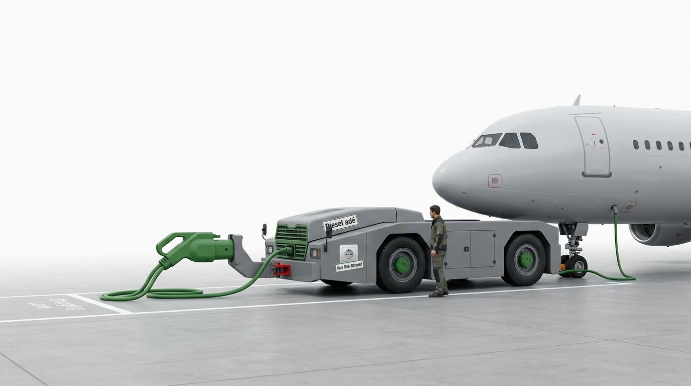 Flugzeug wird von einem E-Schlepper gezogen, der an einer Ladesäule hängt