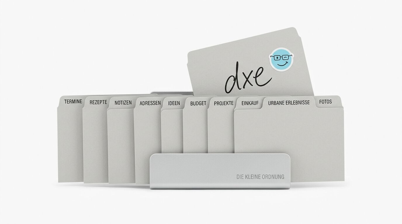 Karteikasten mit grauen, beschrifteten Registern, einem „dxe“-Logo und einem Smiley