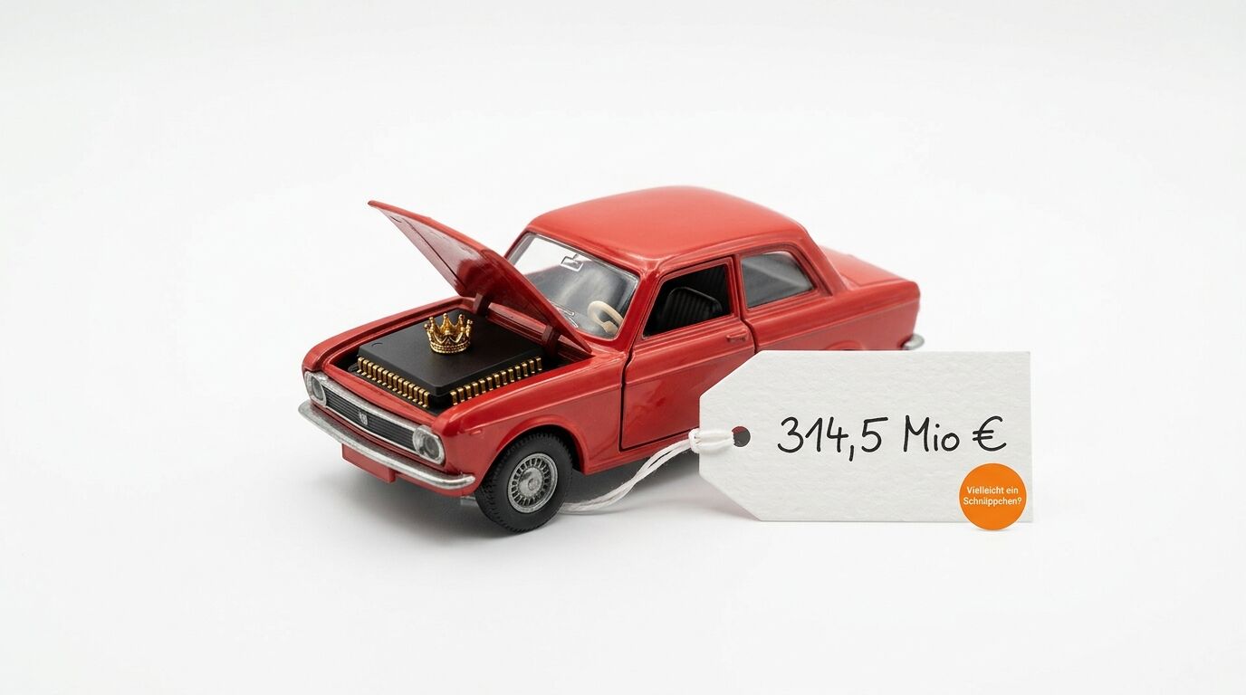 Rotes Spielzeugauto mit Chip und Krone im Motorraum sowie hohem Preisschild