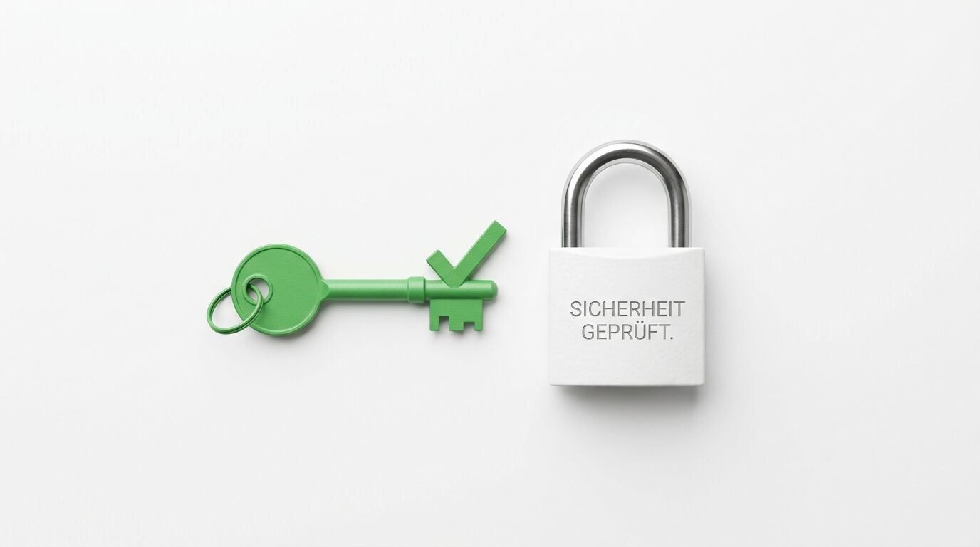 Grüner Schlüssel mit Hakenbart links neben weißem Vorhängeschloss mit Aufschrift SICHERHEIT GEPRÜFT
