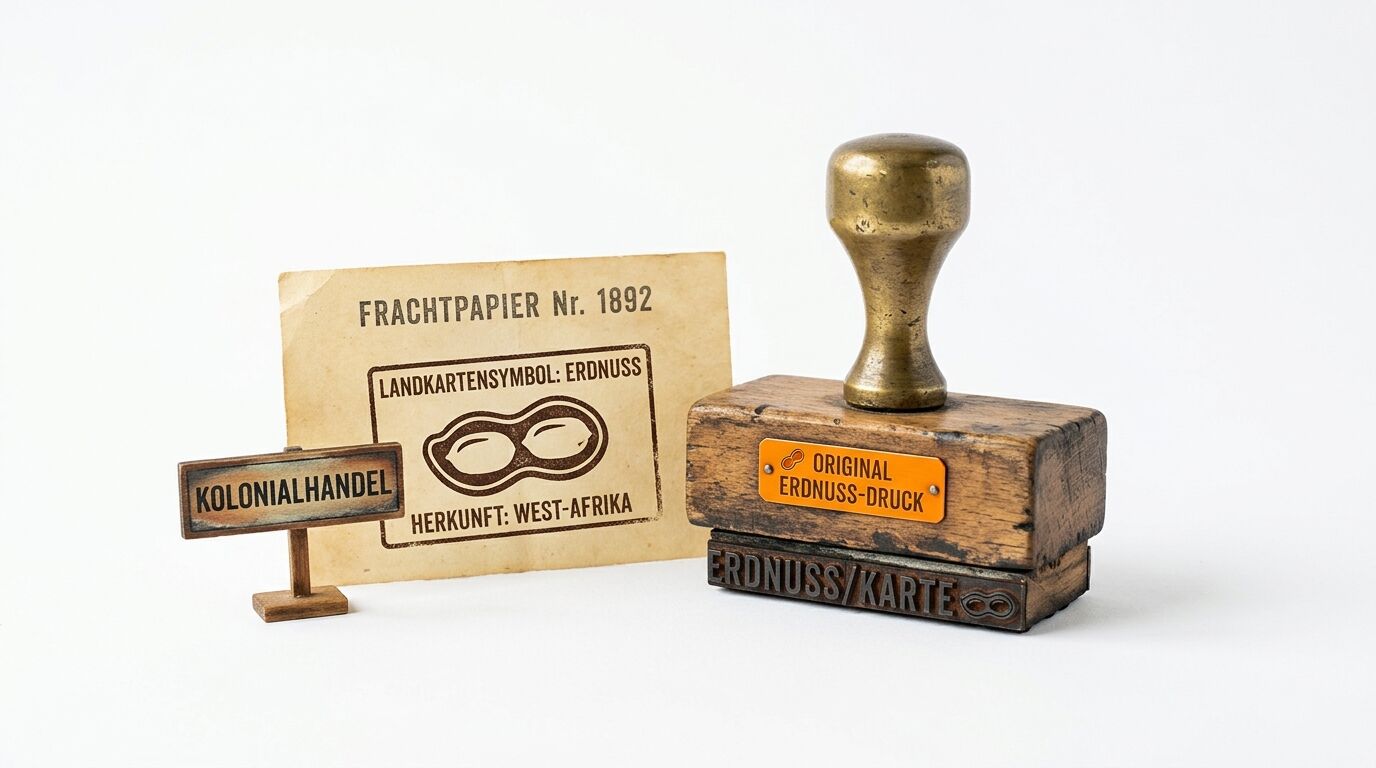 Holzstempel, Frachtpapier und Schildchen „Kolonialhandel“ vor weißem Hintergrund
