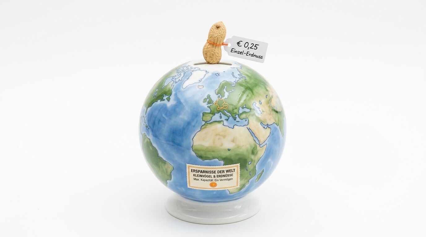 Globus-Spardose mit Erdnuss und Preisschild