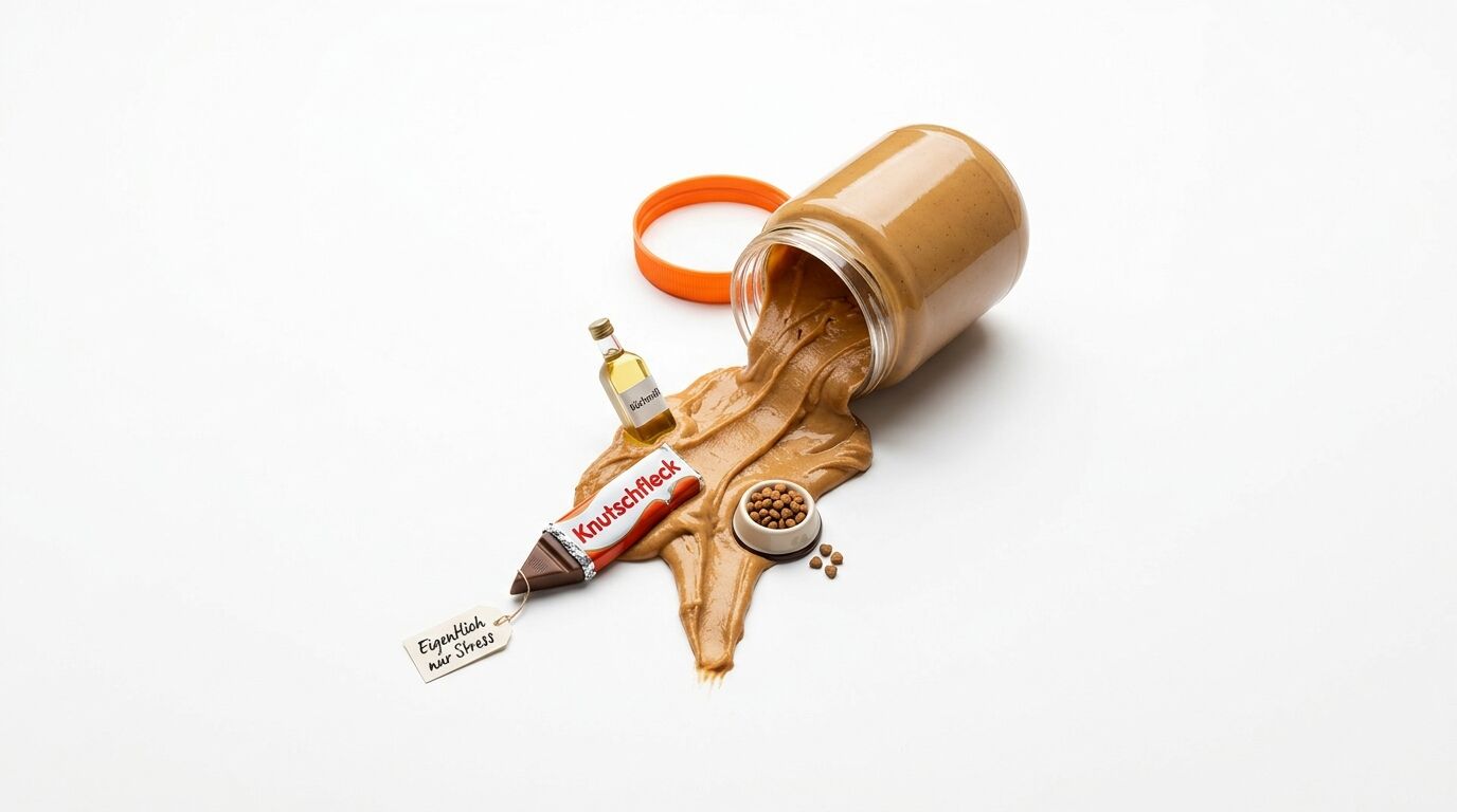 Erdnussbutterglas mit Auslauf, Schokolade, Öle, Hundefutternapf und Schild auf weißem Grund